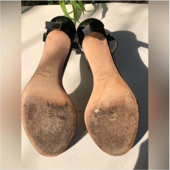 Mia Becar Leather Black Gold Heel back zipper High Heels open toe 38.5 US 8.5 - Picture 10 of 13